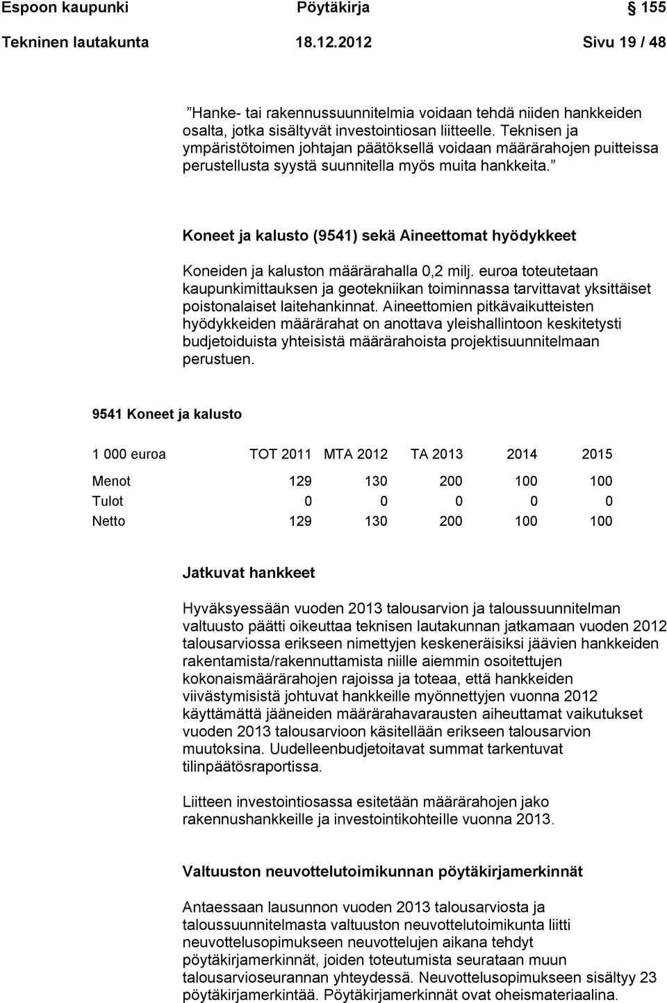 Koneet ja kalusto (9541) sekä Aineettomat hyödykkeet Koneiden ja kaluston määrärahalla 0,2 milj.