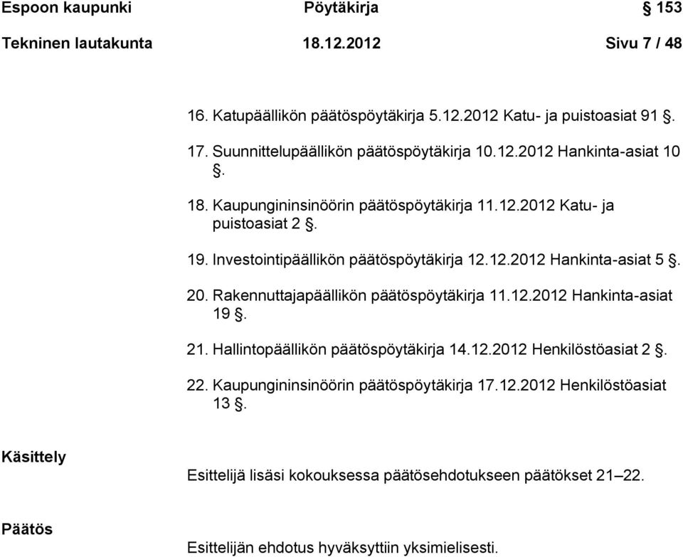 Investointipäällikön päätöspöytäkirja 12.12.2012 Hankinta-asiat 5. 20. Rakennuttajapäällikön päätöspöytäkirja 11.12.2012 Hankinta-asiat 19. 21.