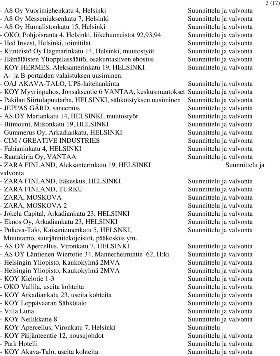 ja valvonta - Hämäläisten Ylioppilassäätiö, osakuntasiiven ehostus Suunnittelu ja valvonta - KOY HERMES, Aleksanterinkatu 19, HELSINKI Suunnittelu ja valvonta A- ja B-portaiden valaistuksen uusiminen.