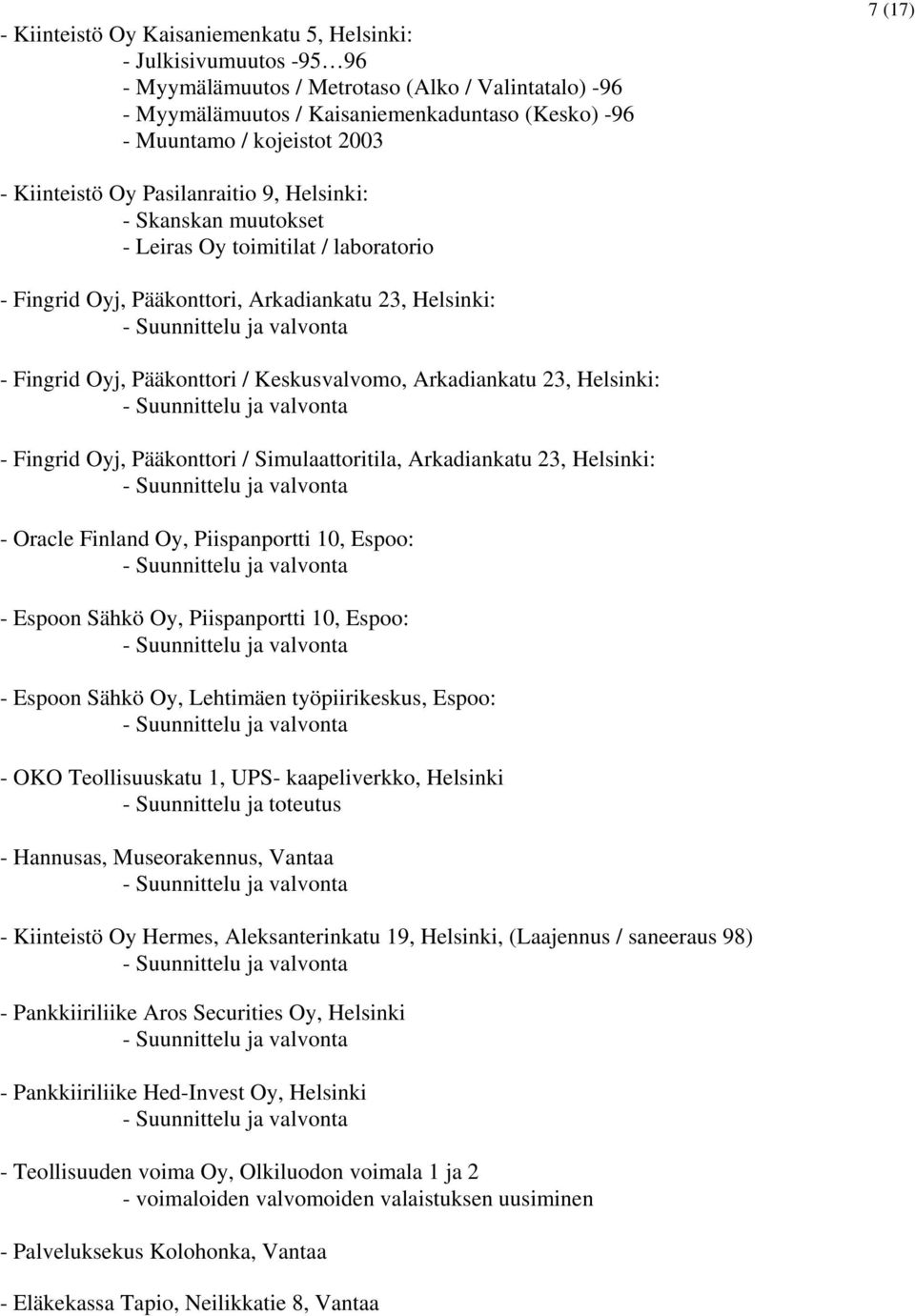 Keskusvalvomo, Arkadiankatu 23, Helsinki: - Fingrid Oyj, Pääkonttori / Simulaattoritila, Arkadiankatu 23, Helsinki: - Oracle Finland Oy, Piispanportti 10, Espoo: - Espoon Sähkö Oy, Piispanportti 10,