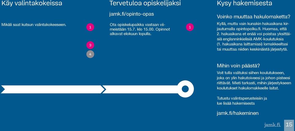 hakuaikana et enää voi poistaa yksittäisiä englanninkielisiä AMK-koulutuksia (1. hakuaikana laittamiasi) lomakkeeltasi tai muuttaa niiden keskinäistä järjestytä. Mihin voin päästä?