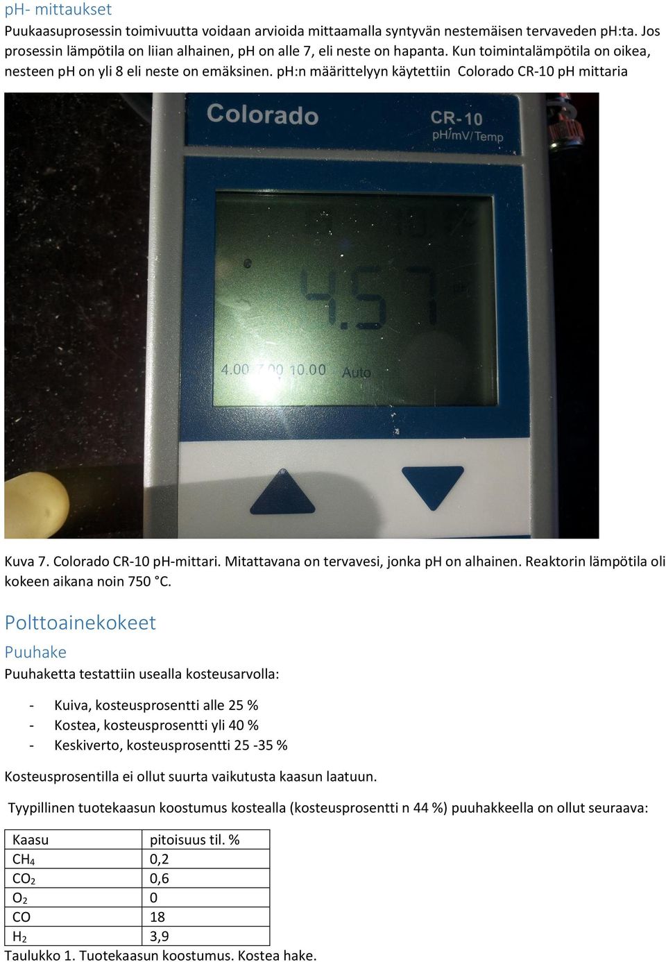 Mitattavana on tervavesi, jonka ph on alhainen. Reaktorin lämpötila oli kokeen aikana noin 750 C.