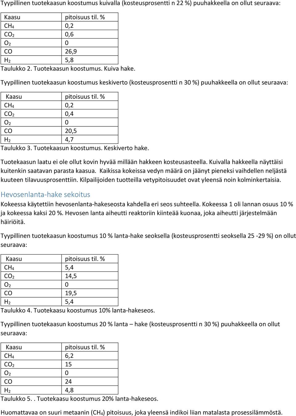 Tuotekaasun koostumus. Keskiverto hake. Tuotekaasun laatu ei ole ollut kovin hyvää millään hakkeen kosteusasteella. Kuivalla hakkeella näyttäisi kuitenkin saatavan parasta kaasua.