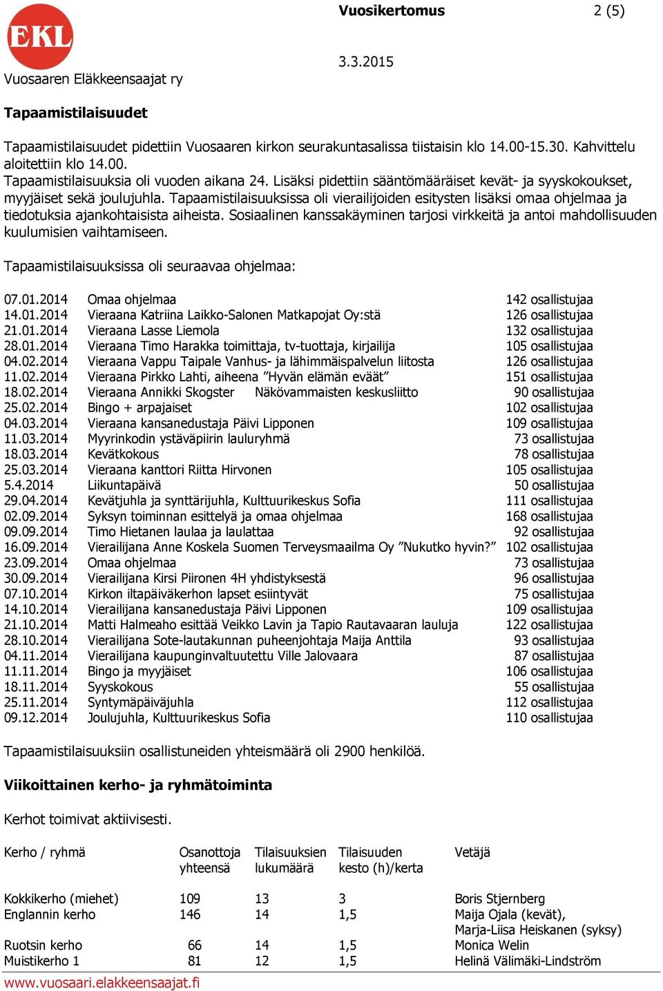 Sosiaalinen kanssakäyminen tarjosi virkkeitä ja antoi mahdollisuuden kuulumisien vaihtamiseen. Tapaamistilaisuuksissa oli seuraavaa ohjelmaa: 07.01.