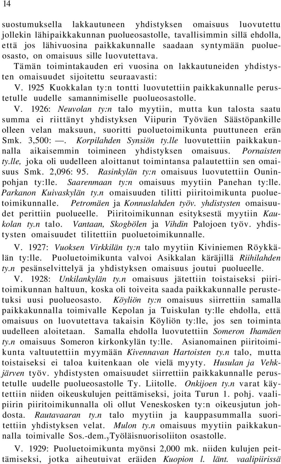 1925 Kuokkalan ty:n tontti luovutettiin paikkakunnalle perustetulle uudelle samannimiselle puolueosastolle. V.