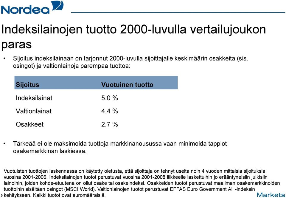7 % Tärkeää ei ole maksimoida tuottoja markkinanousussa vaan minimoida tappiot osakemarkkinan laskiessa.