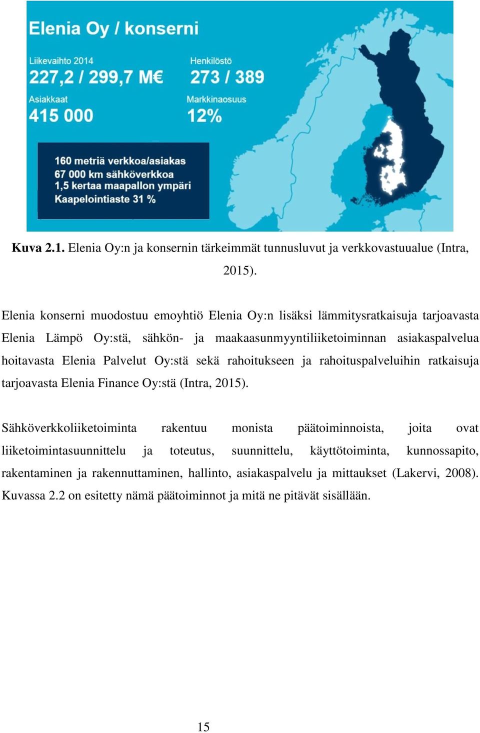 Elenia Palvelut Oy:stä sekä rahoitukseen ja rahoituspalveluihin ratkaisuja tarjoavasta Elenia Finance Oy:stä (Intra, 2015).