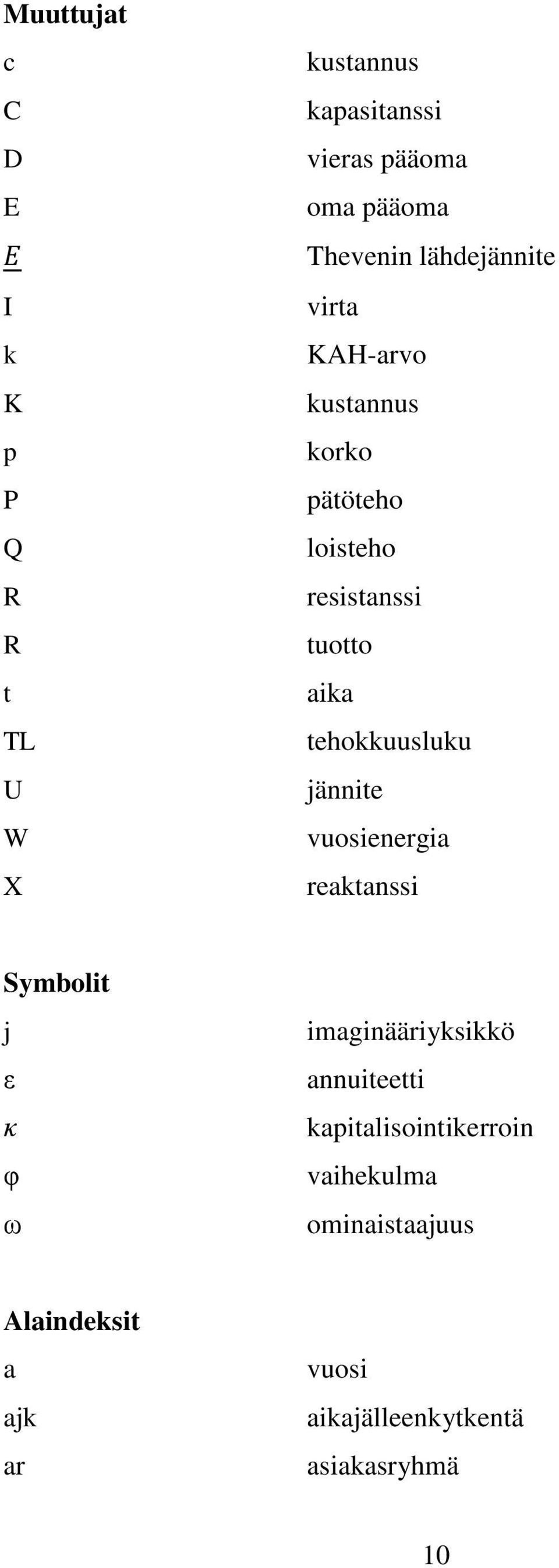 tehokkuusluku U jännite W vuosienergia X reaktanssi Symbolit j imaginääriyksikkö ε annuiteetti κ