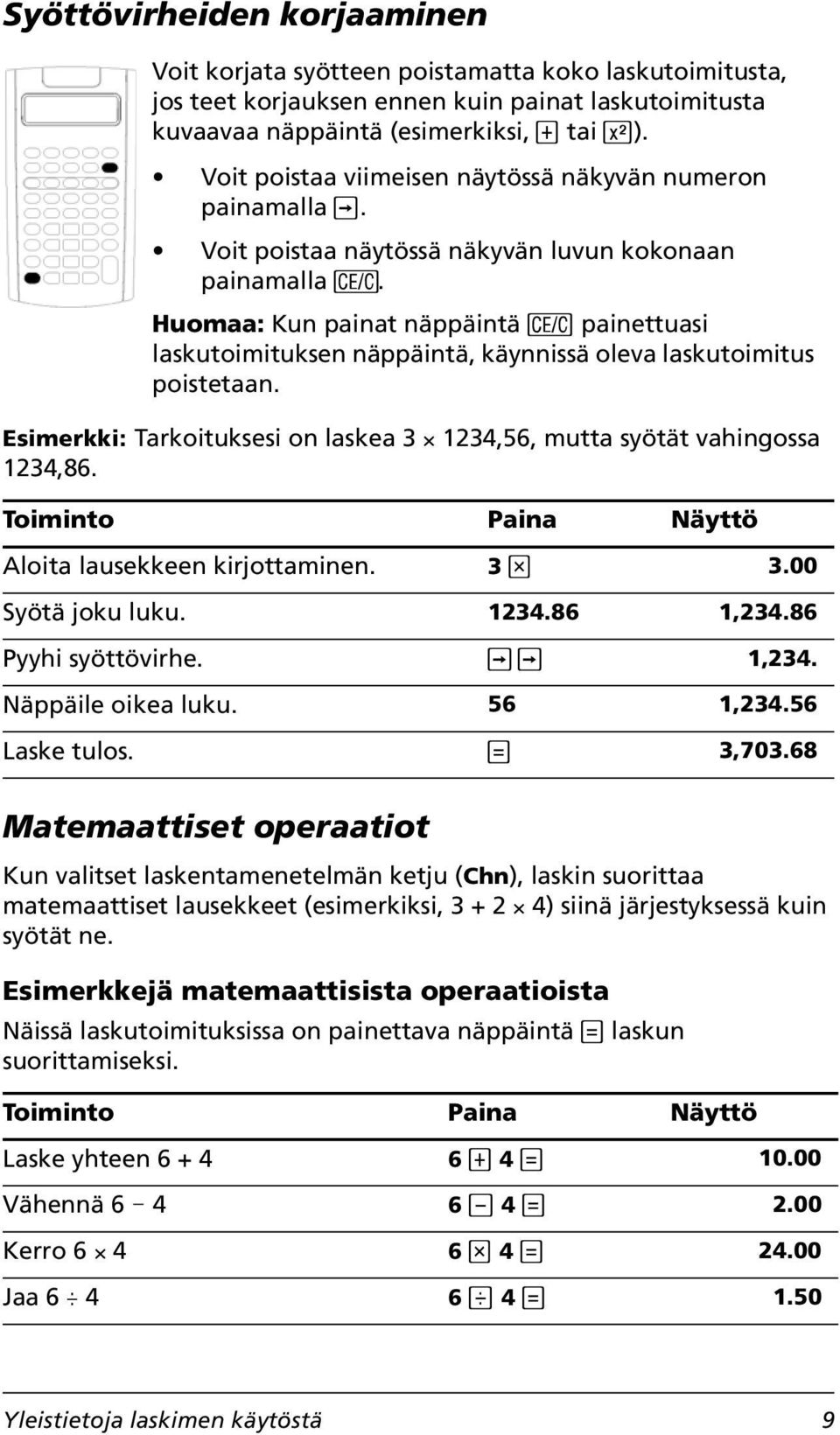 Huomaa: Kun painat näppäintä P painettuasi laskutoimituksen näppäintä, käynnissä oleva laskutoimitus poistetaan. Esimerkki: Tarkoituksesi on laskea 3 Q 1234,56, mutta syötät vahingossa 1234,86.