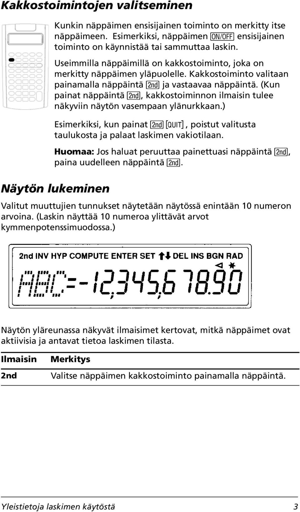 (Kun painat näppäintä &, kakkostoiminnon ilmaisin tulee näkyviin näytön vasempaan ylänurkkaan.) Esimerkiksi, kun painat & U, poistut valitusta taulukosta ja palaat laskimen vakiotilaan.