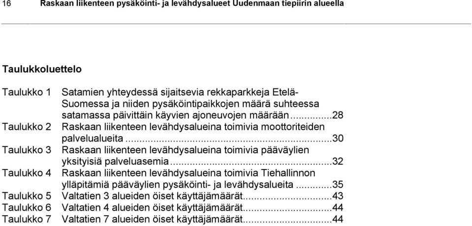 ..28 Raskaan liikenteen levähdysalueina toimivia moottoriteiden palvelualueita...30 Raskaan liikenteen levähdysalueina toimivia pääväylien yksityisiä palveluasemia.