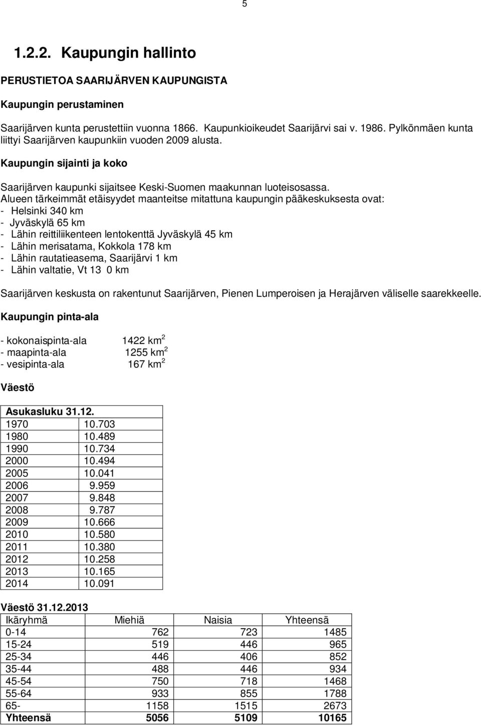 Alueen tärkeimmät etäisyydet maanteitse mitattuna kaupungin pääkeskuksesta ovat: - Helsinki 340 km - Jyväskylä 65 km - Lähin reittiliikenteen lentokenttä Jyväskylä 45 km - Lähin merisatama, Kokkola