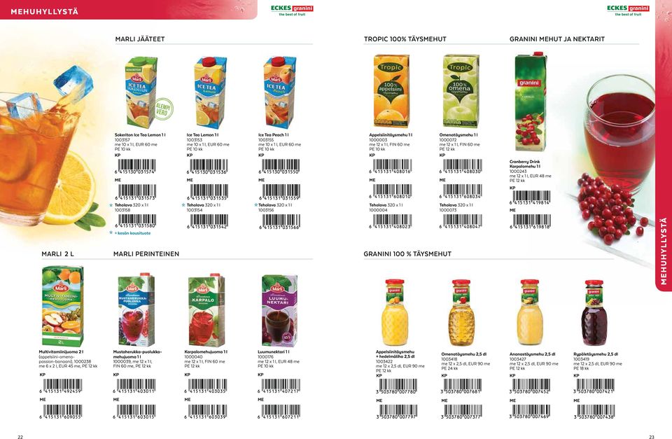 GRANINI 100 % TÄYSHUT HUHYLLYSTÄ Multivitamiinijuoma 2 l (appelsiini-omenapassion-banaani), 1000238 me 6 x 2 l, EUR 45 me, Mustaherukka-puolukkamehujuoma 1 l 1000039, me 12 x 1 l, FIN 60 me,