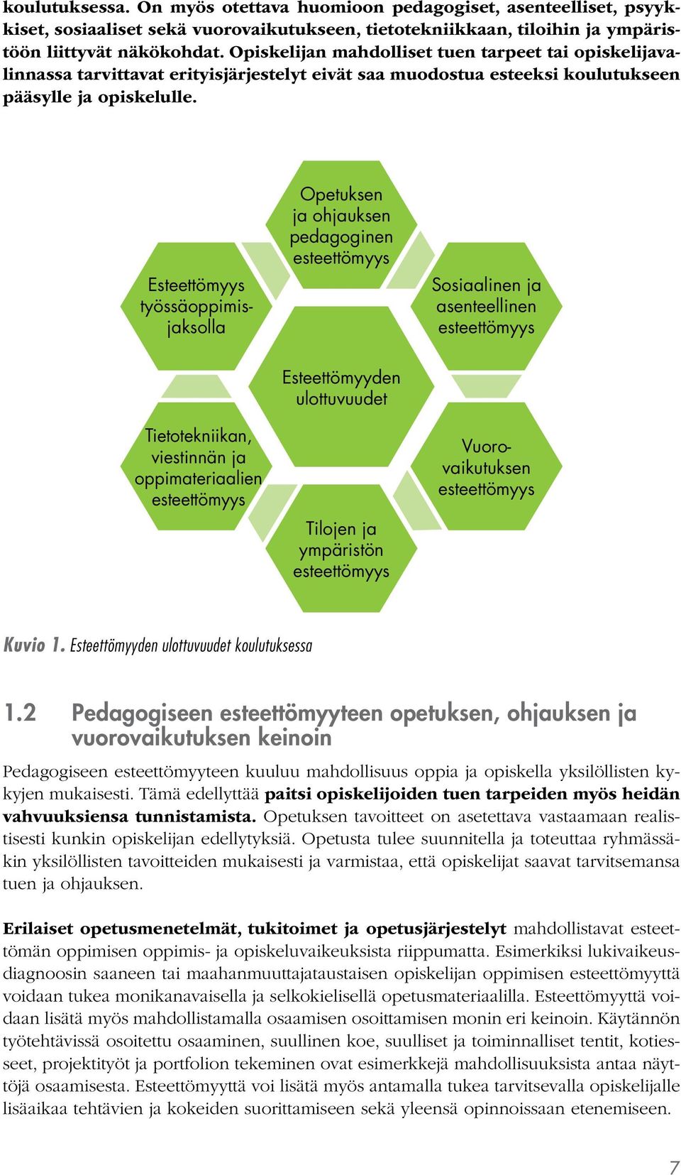 Esteettömyys työssäoppimisjaksolla Opetuksen ja ohjauksen pedagoginen esteettömyys Sosiaalinen ja asenteellinen esteettömyys Tietotekniikan, viestinnän ja oppimateriaalien esteettömyys Esteettömyyden