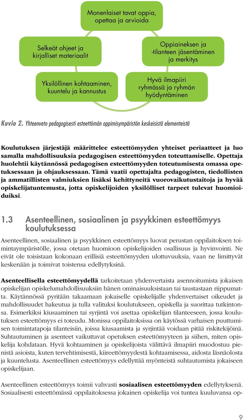 Yhteenveto pedagogisesti esteettömän oppimisympäristön keskeisistä elementeistä Koulutuksen järjestäjä määrittelee esteettömyyden yhteiset periaatteet ja luo samalla mahdollisuuksia pedagogisen