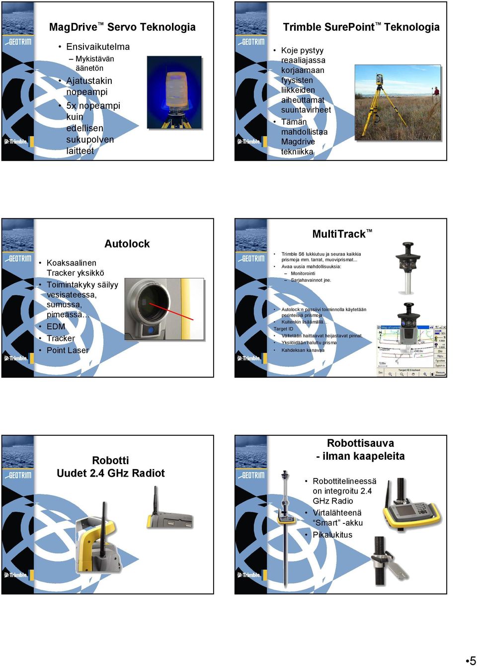 MultiTrack Trimble S6 lukkiutuu ja seuraa kaikkia prismoja mm. tarrat, muoviprismat... Avaa uusia mahdollisuuksia: Monitorointi Sarjahavainnot jne.