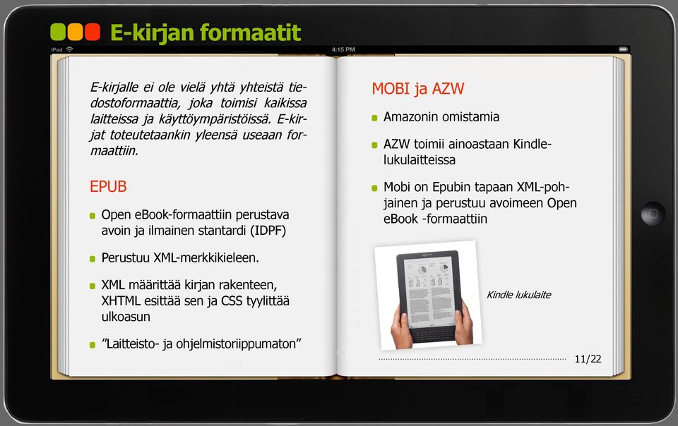 EPUB Open ebook-formaattiin perustava avoin ja ilmainen stantardi (IDPF) MOBI ja AZW Amazonin omistamia AZW toimii ainoastaan