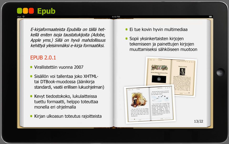 1 Ei tue kovin hyvin multimediaa Sopii yksinkertaisten kirjojen tekemiseen ja painettujen kirjojen muuttamiseksi sähköiseen muotoon