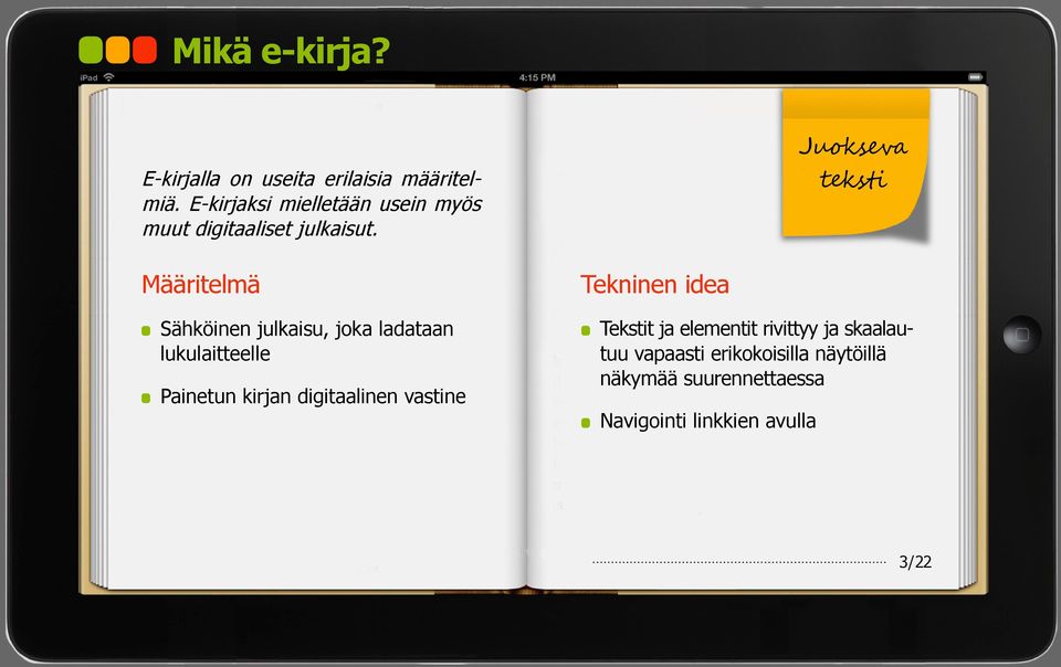 Juokseva teksti Määritelmä Sähköinen julkaisu, joka ladataan lukulaitteelle Painetun kirjan