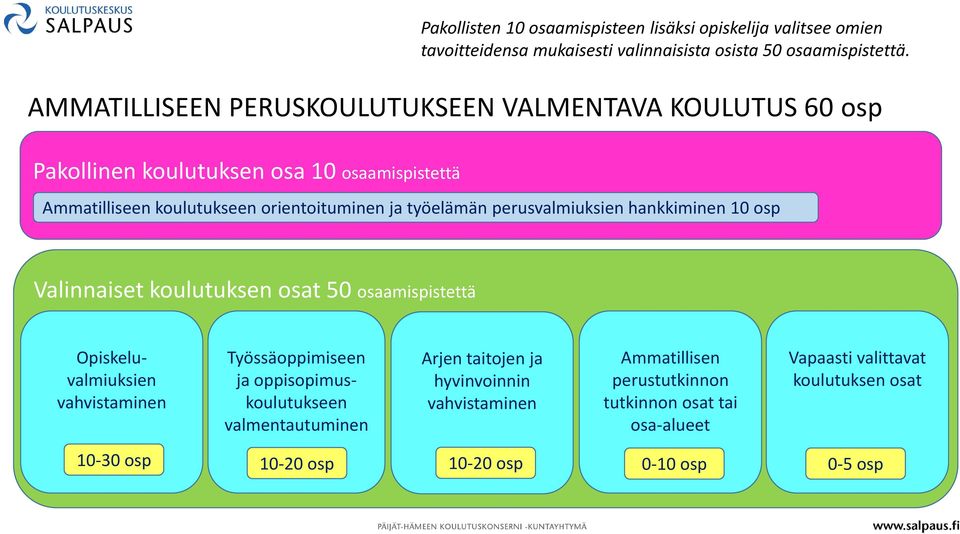 perusvalmiuksien hankkiminen 10 osp Valinnaiset koulutuksen osat 50 osaamispistettä Opiskeluvalmiuksien vahvistaminen Työssäoppimiseen ja oppisopimuskoulutukseen