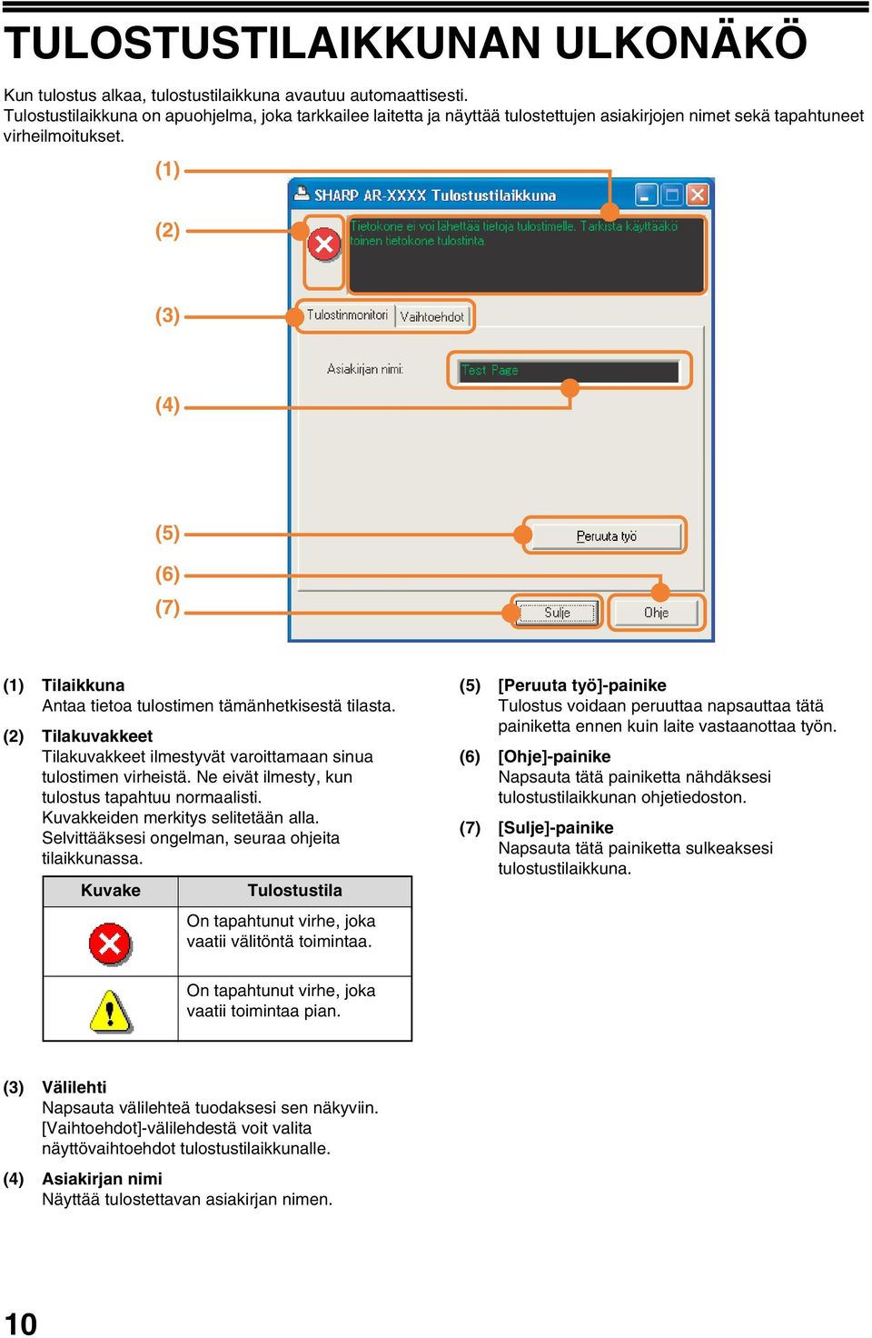 (1) (2) () (4) (5) (6) (7) (1) Tilaikkuna Antaa tietoa tulostimen tämänhetkisestä tilasta. (2) Tilakuvakkeet Tilakuvakkeet ilmestyvät varoittamaan sinua tulostimen virheistä.
