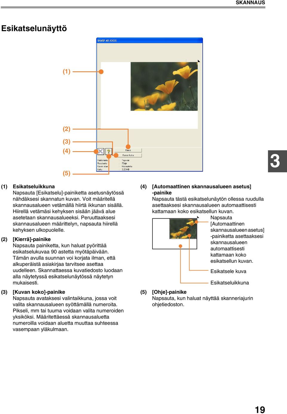 Peruuttaaksesi skannausalueen määrittelyn, napsauta hiirellä kehyksen ulkopuolelle. (2) [Kierrä]-painike Napsauta painiketta, kun haluat pyörittää esikatselukuvaa 90 astetta myötäpäivään.