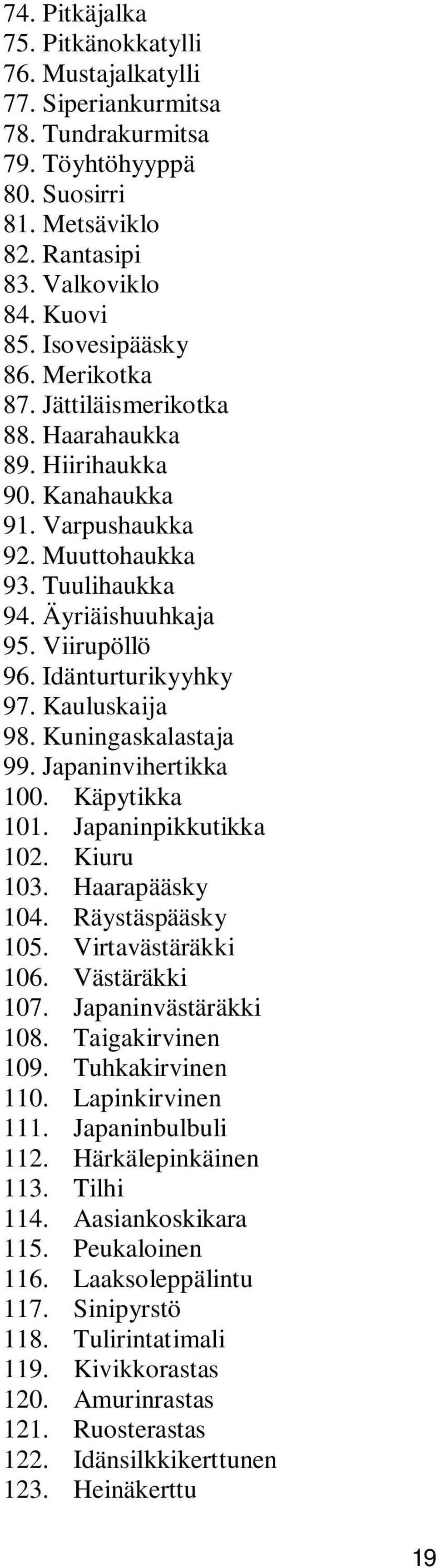 Kauluskaija 98. Kuningaskalastaja 99. Japaninvihertikka 100. Käpytikka 101. Japaninpikkutikka 102. Kiuru 103. Haarapääsky 104. Räystäspääsky 105. Virtavästäräkki 106. Västäräkki 107.