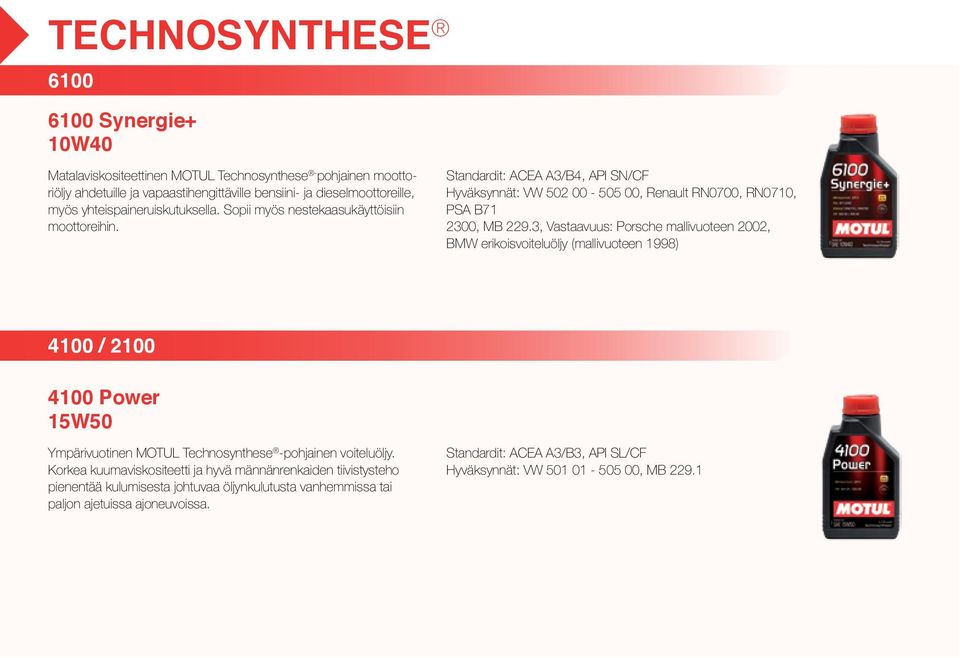 3, Vastaavuus: Porsche mallivuoteen 2002, BMW erikoisvoiteluöljy (mallivuoteen 1998) 4100 / 2100 4100 Power 15W50 Ympärivuotinen MOTUL Technosynthese -pohjainen voiteluöljy.
