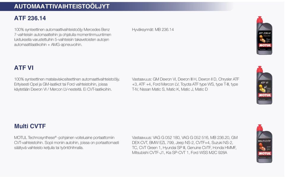 automaattilaatikoihin + AMG-ajoneuvoihin. Hyväksynnät: MB 236.14 ATF VI 100% synteettinen matalaviskositeettinen automaattivaihteistoöljy.