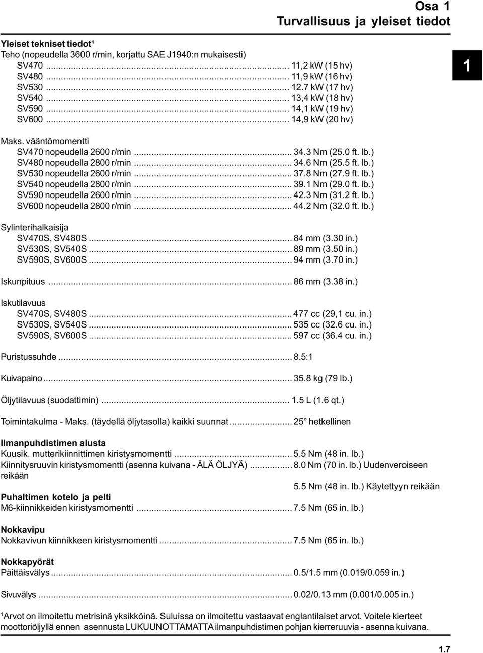 5 ft. lb.) SV530 nopeudella 2600 r/min... 37.8 Nm (27.9 ft. lb.) SV540 nopeudella 2800 r/min... 39.1 Nm (29.0 ft. lb.) SV590 nopeudella 2600 r/min... 42.3 Nm (31.2 ft. lb.) SV600 nopeudella 2800 r/min.