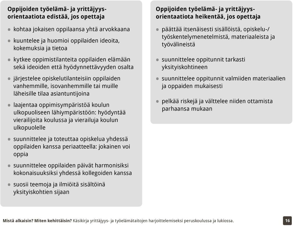 oppimisympäristöä koulun ulkopuoliseen lähiympäristöön: hyödyntää vierailijoita koulussa ja vierailuja koulun ulkopuolelle Oppijoiden työelämä- ja yrittäjyysorientaatiota heikentää, jos opettaja