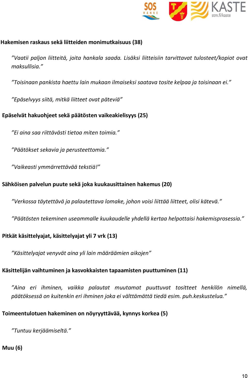 Epäselvyys siitä, mitkä liitteet ovat päteviä Epäselvät hakuohjeet sekä päätösten vaikeakielisyys (25) Ei aina saa riittävästi tietoa miten toimia. Päätökset sekavia ja perusteettomia.