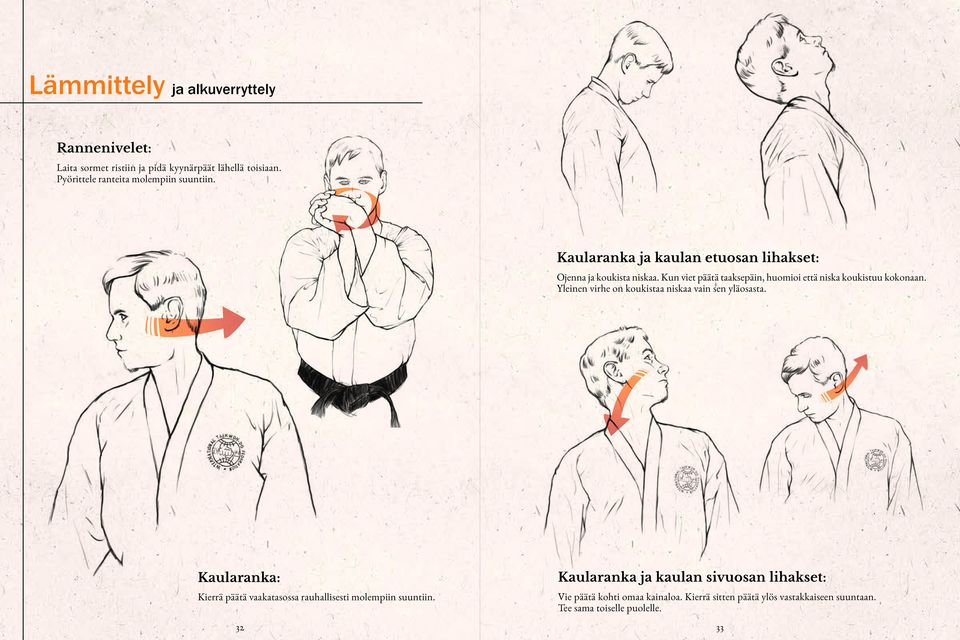 Kun viet päätä taaksepäin, huomioi että niska koukistuu kokonaan. Yleinen virhe on koukistaa niskaa vain sen yläosasta.