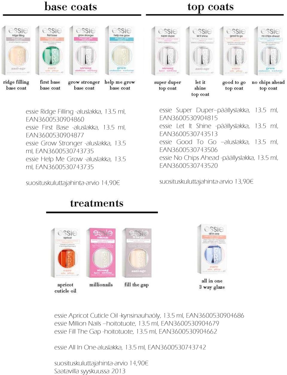 5 ml, EAN3600530904815 essie Let It Shine -päällyslakka, 13.5 ml, EAN3600530743513 essie Good To Go aluslakka, 13.5 ml, EAN3600530743506 essie No Chips Ahead -päällyslakka, 13.