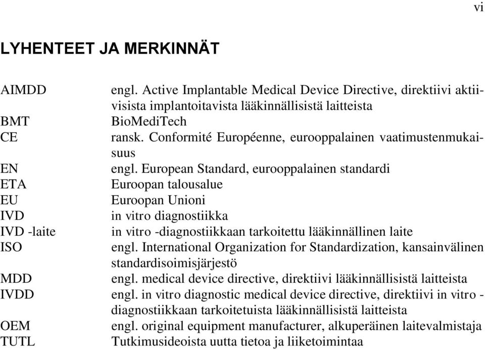 European Standard, eurooppalainen standardi ETA Euroopan talousalue EU Euroopan Unioni IVD in vitro diagnostiikka IVD -laite in vitro -diagnostiikkaan tarkoitettu lääkinnällinen laite ISO engl.