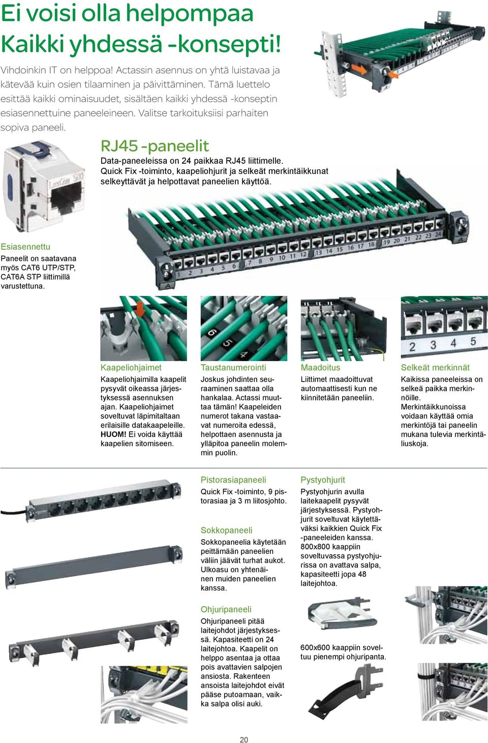 RJ45 -paneelit Data-paneeleissa on 24 paikkaa RJ45 liittimelle. Quick Fix -toiminto, kaapeliohjurit ja selkeät merkintäikkunat selkeyttävät ja helpottavat paneelien käyttöä.