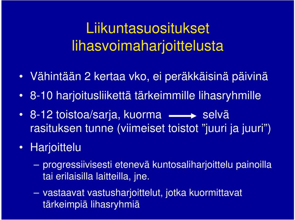 (viimeiset toistot juuri ja juuri ) Harjoittelu progressiivisesti etenevä kuntosaliharjoittelu