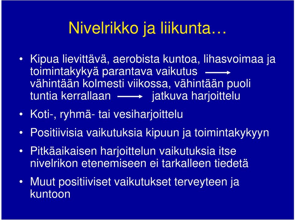 ryhmä- tai vesiharjoittelu Positiivisia vaikutuksia kipuun ja toimintakykyyn Pitkäaikaisen harjoittelun