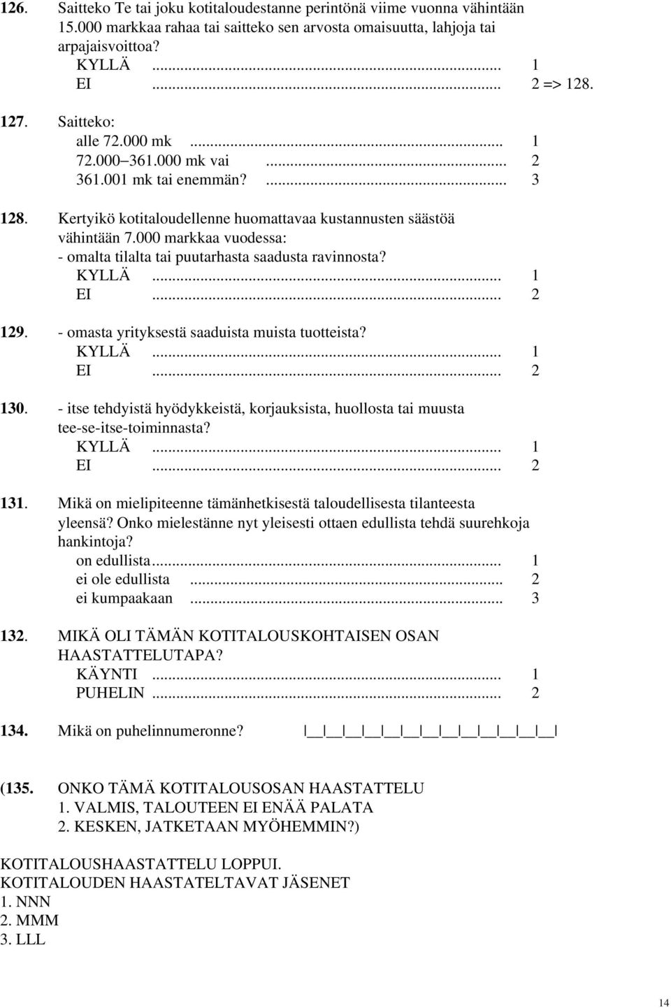 000 markkaa vuodessa: - omalta tilalta tai puutarhasta saadusta ravinnosta? 129. - omasta yrityksestä saaduista muista tuotteista? 130.