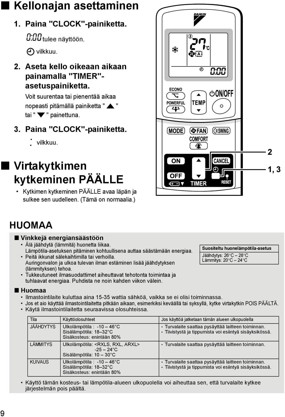 Virtakytkimen kytkeminen PÄÄLLE Kytkimen kytkeminen PÄÄLLE avaa läpän ja sulkee sen uudelleen. (Tämä on normaalia.) HUOMAA Vinkkejä energiansäästöön Älä jäähdytä (lämmitä) huonetta liikaa.