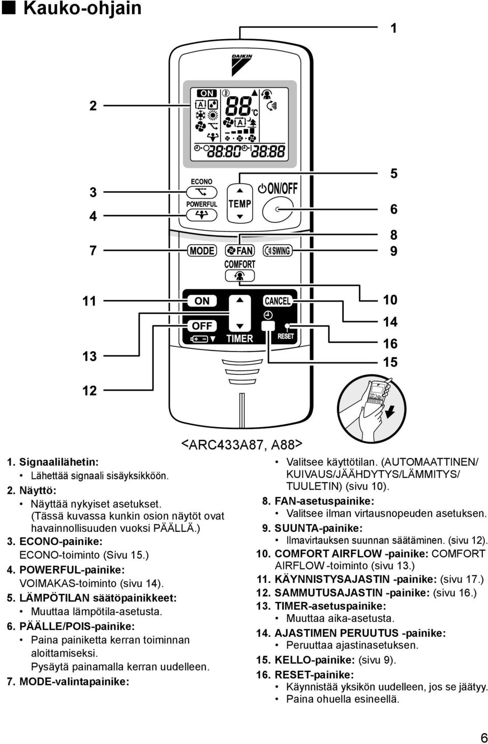 PÄÄLLE/POIS-painike: Paina painiketta kerran toiminnan aloittamiseksi. Pysäytä painamalla kerran uudelleen. 7. MODE-valintapainike: <ARC433A87, A88> Valitsee käyttötilan.