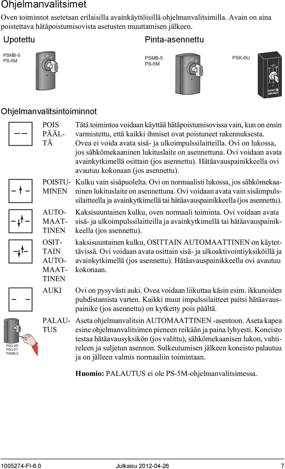 Tätä toimintoa voidaan käyttää hätäpoistumisovissa vain, kun on ensin varmistettu, että kaikki ihmiset ovat poistuneet rakennuksesta. Ovea ei voida avata sisä- ja ulkoimpulssilaitteilla.