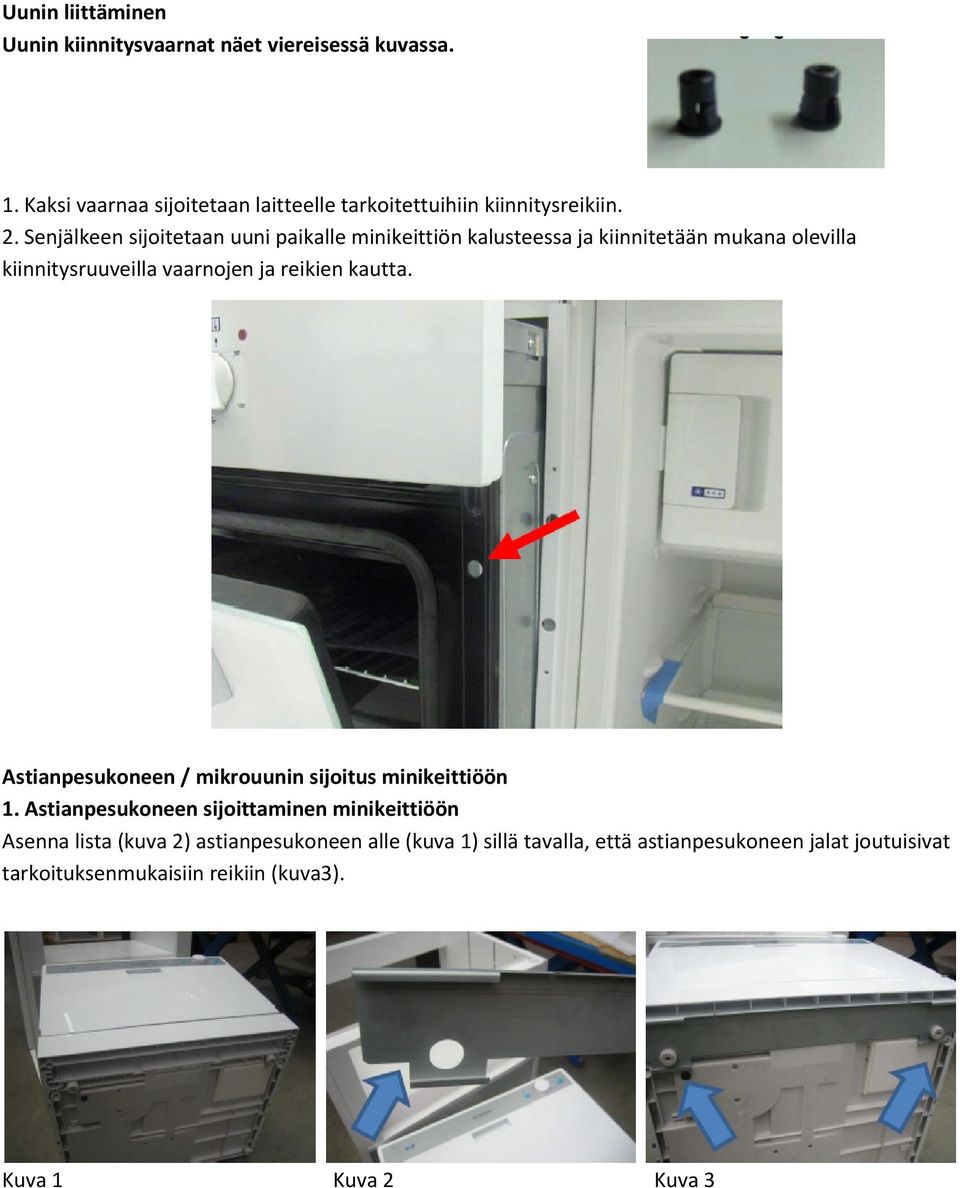Senjälkeen sijoitetaan uuni paikalle minikeittiön kalusteessa ja kiinnitetään mukana olevilla kiinnitysruuveilla vaarnojen ja reikien