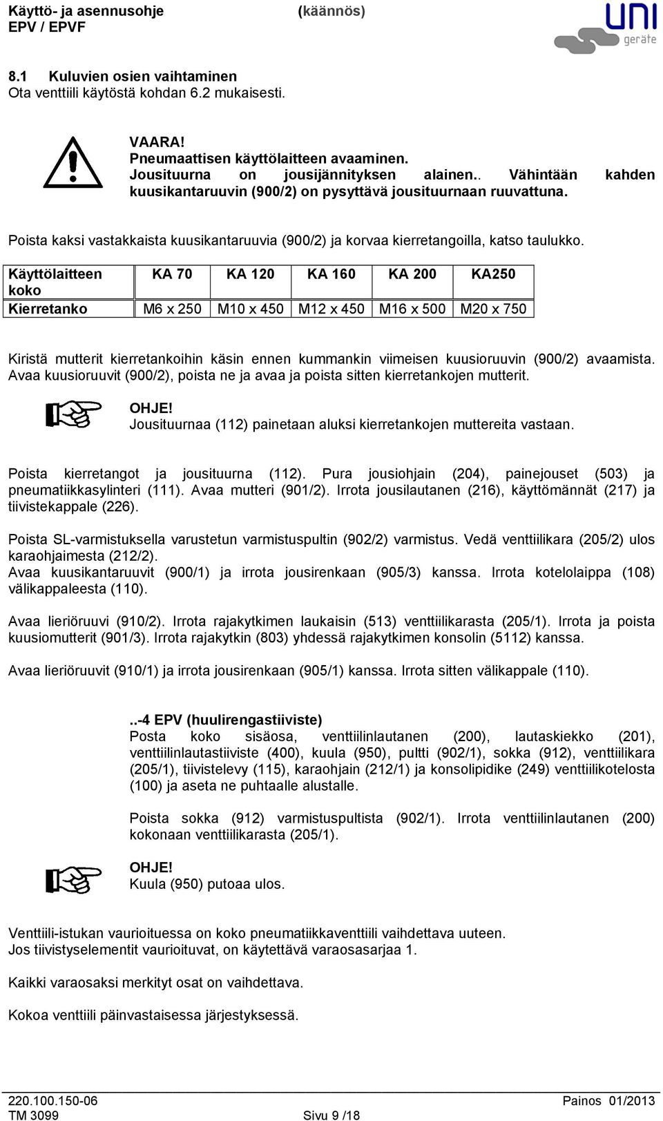 Käyttölaitteen KA 70 KA 120 KA 160 KA 200 KA250 koko Kierretanko M6 x 250 M10 x 450 M12 x 450 M16 x 500 M20 x 750 Kiristä mutterit kierretankoihin käsin ennen kummankin viimeisen kuusioruuvin (900/2)