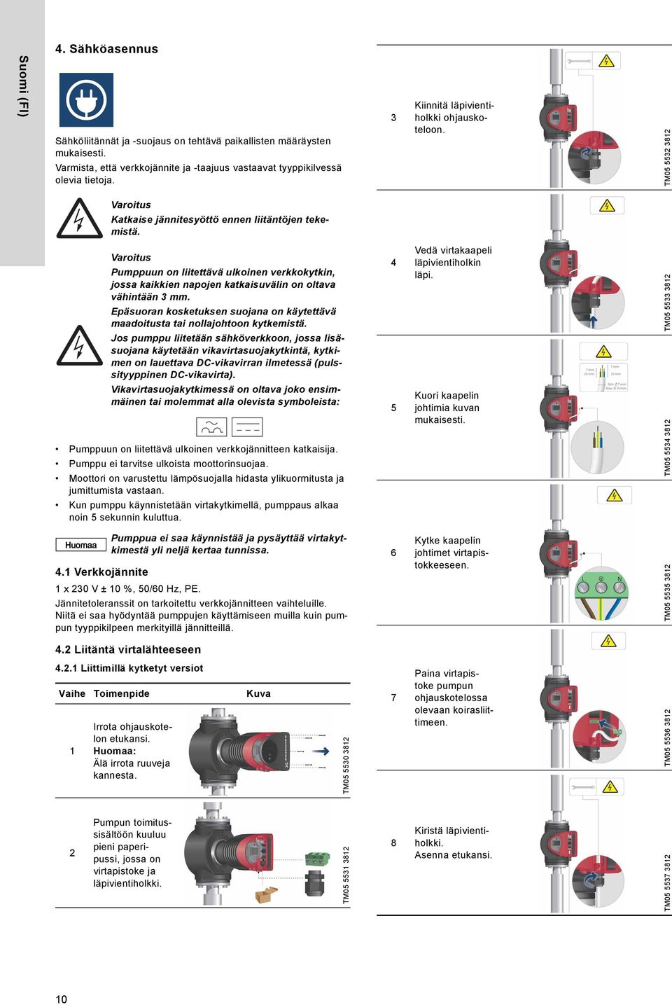 Varoitus Pumppuun on liitettävä ulkoinen verkkokytkin, jossa kaikkien napojen katkaisuvälin on oltava vähintään 3 mm.