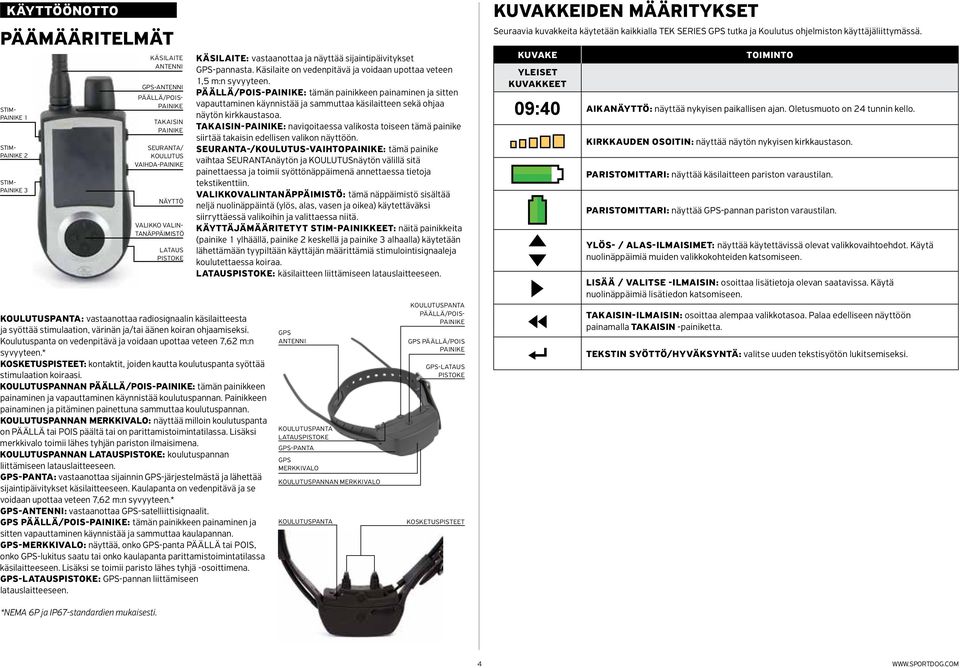 Koulutuspanta on vedenpitävä ja voidaan upottaa veteen 7,62 m:n syvyyteen.* KOSKETUSPISTEET: kontaktit, joiden kautta koulutuspanta syöttää stimulaation koiraasi.