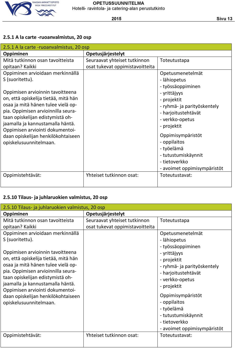 oppimisympäristöt 2.5.10 Tilaus- ja juhlaruokien valmistus, 20 osp 2.5.10 Tilaus- ja juhlaruokien valmistus, 20 osp Mitä tutkinnon osan tavoitteista Seuraavat yhteiset tutkinnon opitaan?