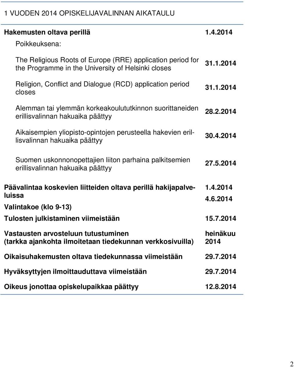 2014 Poikkeuksena: The Religious Roots of Europe (RRE) application period for the Programme in the University of Helsinki closes Religion, Conflict and Dialogue (RCD) application period closes