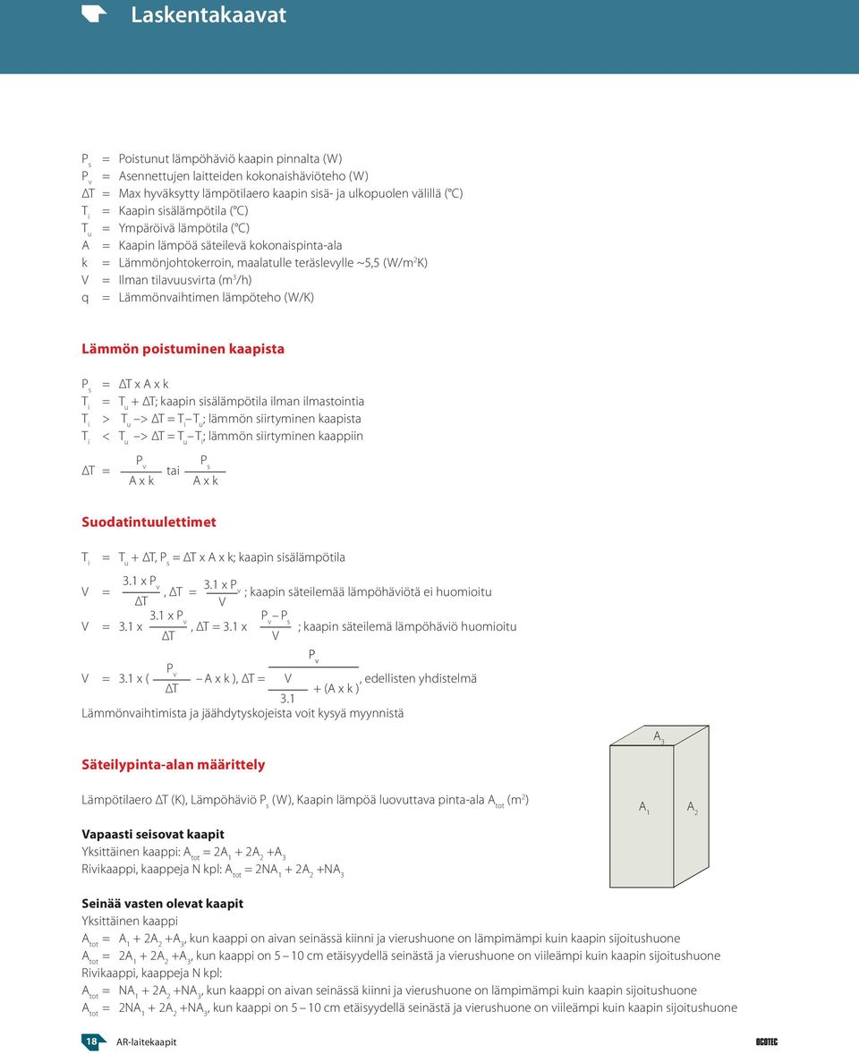 Lämmönvaihtimen lämpöteho (W/K) Lämmön poistuminen kaapista P s = ΔT x A x k T i = T u + ΔT; kaapin sisälämpötila ilman ilmastointia T i > T u > ΔT = T i T u ; lämmön siirtyminen kaapista < T u > ΔT