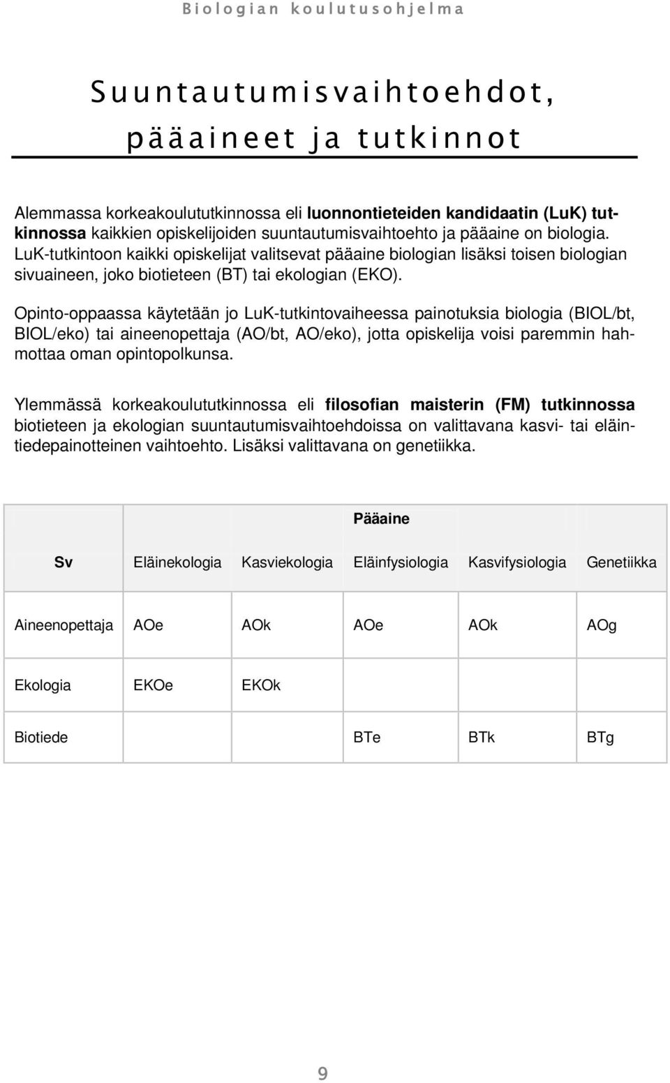 Opinto-oppaassa käytetään jo LuK-tutkintovaiheessa painotuksia biologia (BIOL/bt, BIOL/eko) tai aineenopettaja (AO/bt, AO/eko), jotta opiskelija voisi paremmin hahmottaa oman opintopolkunsa.